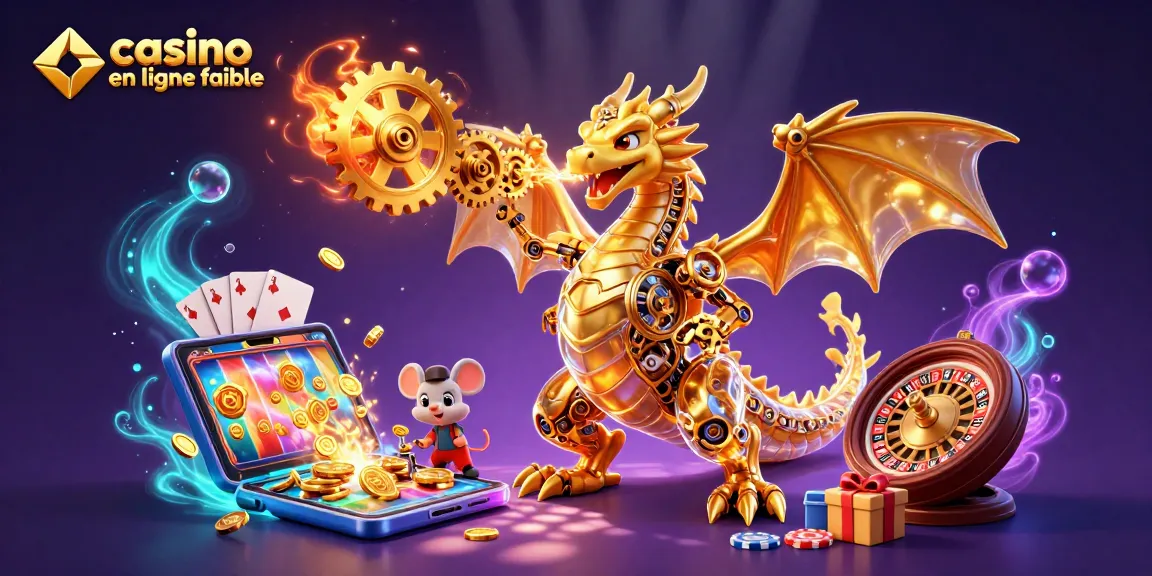Découvrez le casino en ligne fiable avec un dragon doré mécanique au milieu de jeux et de jetons.