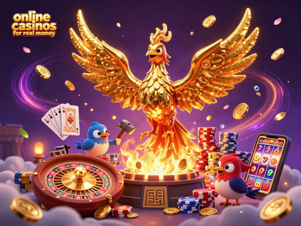 Engage with online casinos for real money featuring dynamic gambling elements in a vibrant 3D illustration.