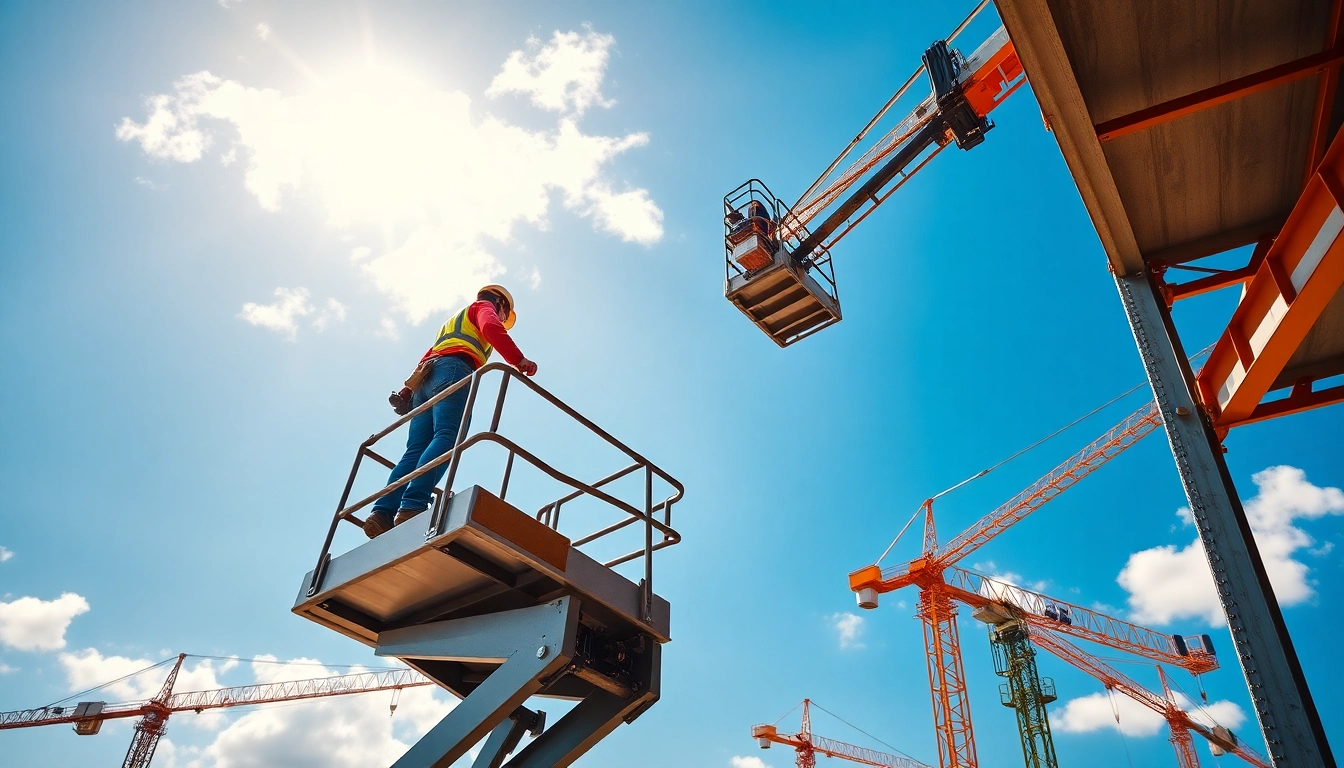 Cherry picker elevating workers to reach high areas in a construction site.