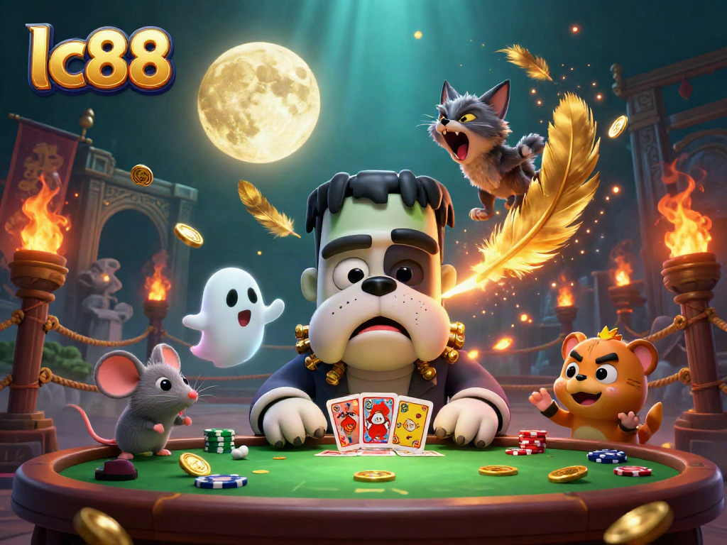 Engaging scene at lc88 with a monster dealer, ghost mouse, and werekitten in a vibrant casino environment.