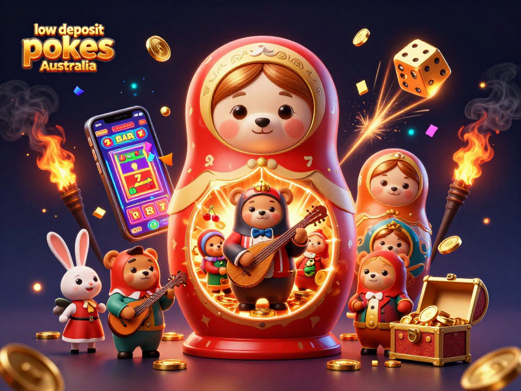 Engage with low deposit pokies Australia offers with vibrant casino-themed 3D illustration featuring playful characters.