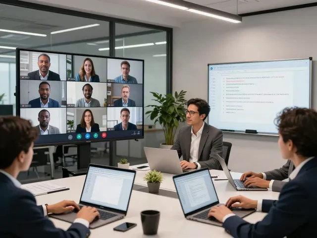 Deepfake protected Conferencing in a modern corporate meeting with diverse team collaborating safely.