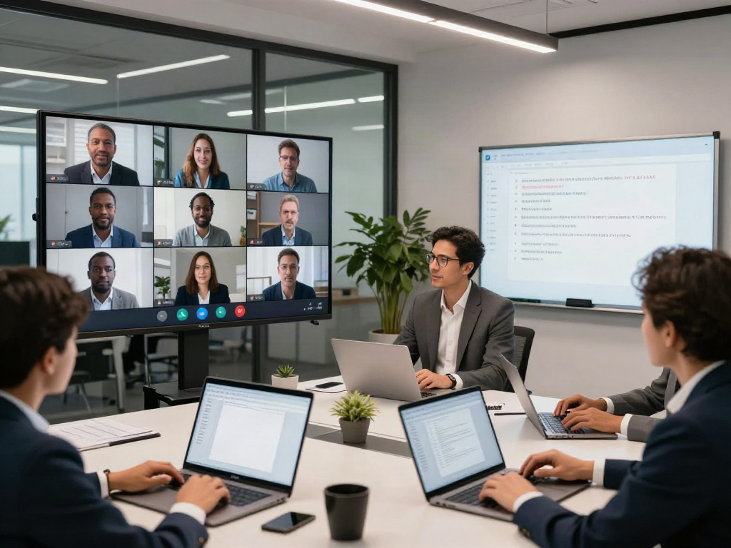 Deepfake protected Conferencing in a modern corporate meeting with diverse team collaborating safely.