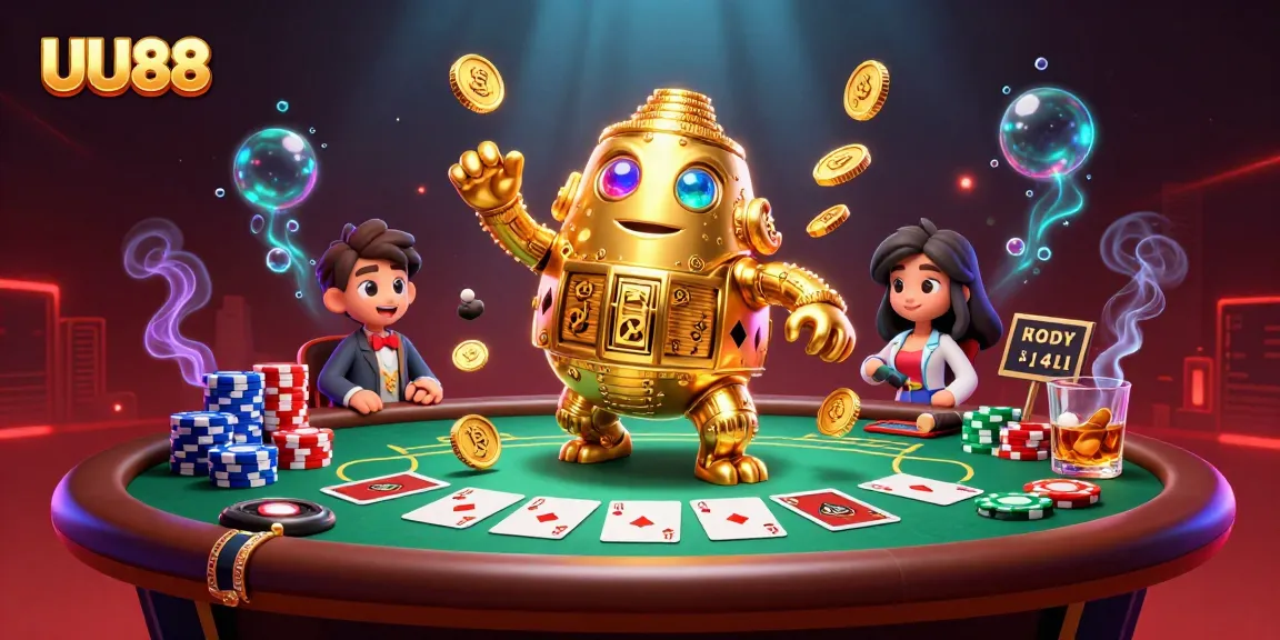 Experience thrilling poker action with UU88's golden golem in a vibrant casino scene.
