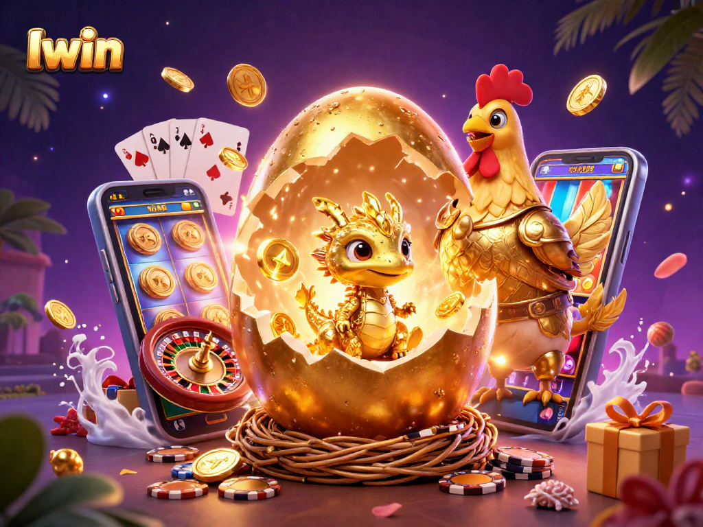 Iwin experience thrilling wins as a golden dragon emerges from a nest of poker chips amidst vibrant casino elements.