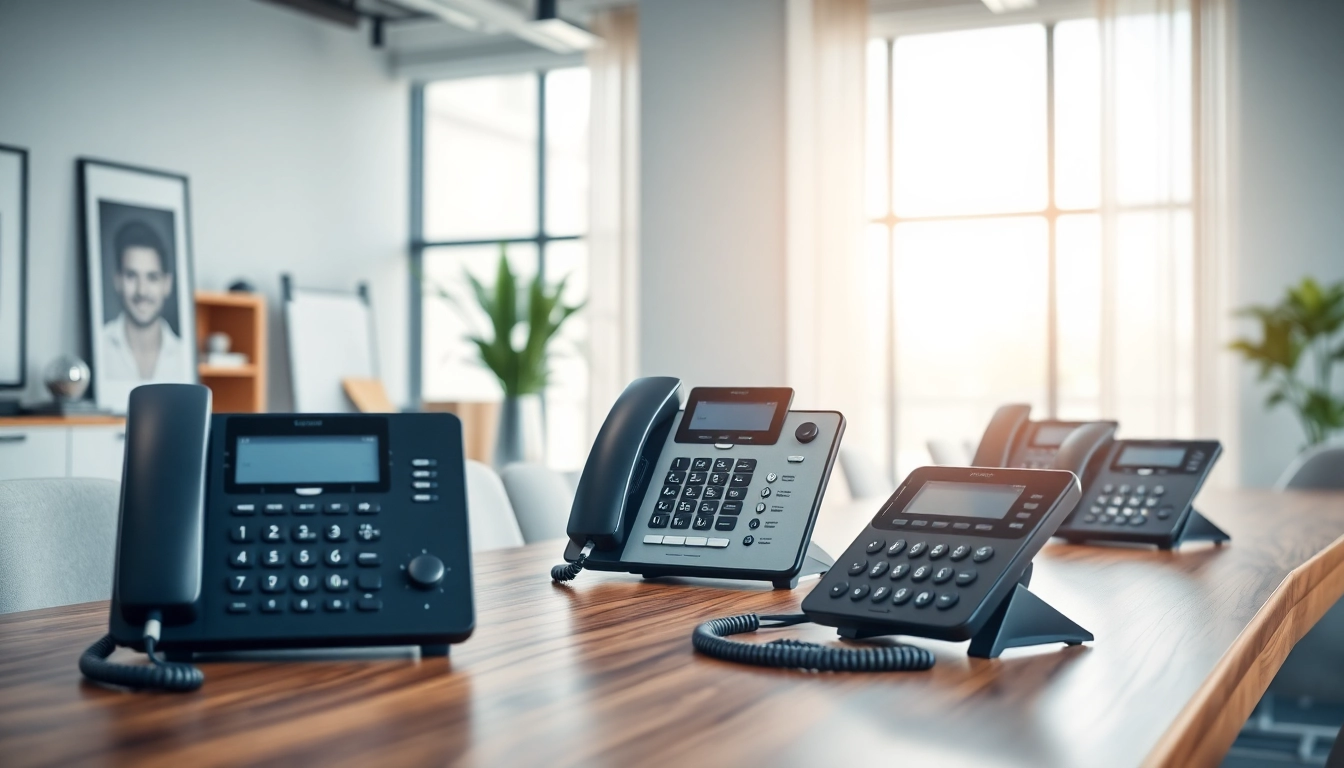 Showcase of a business phone system on a sleek desk in a modern office setting.