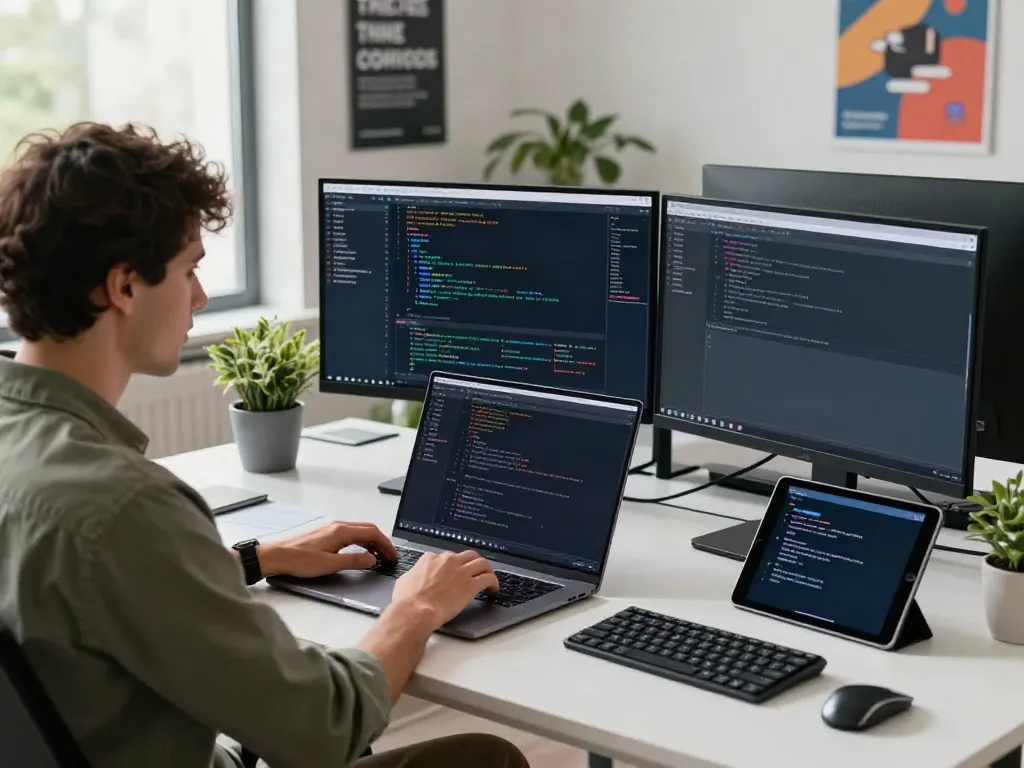 Software engineer coding with v2rayN in modern workspace