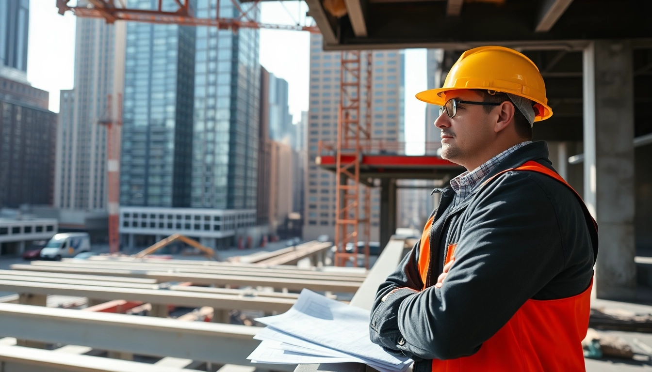 Manhattan General Contractor supervising a construction site with urban backdrop and construction tools.
