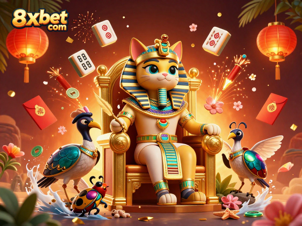 Experience thrilling action at 8xbet com with a vibrant casino-themed scene featuring unique characters and symbols.