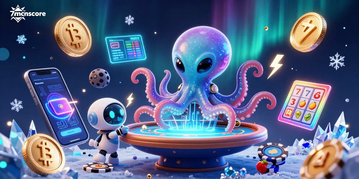 Engage with 7mcnscore in this vibrant casino-themed digital art showcasing crypto poker excitement.