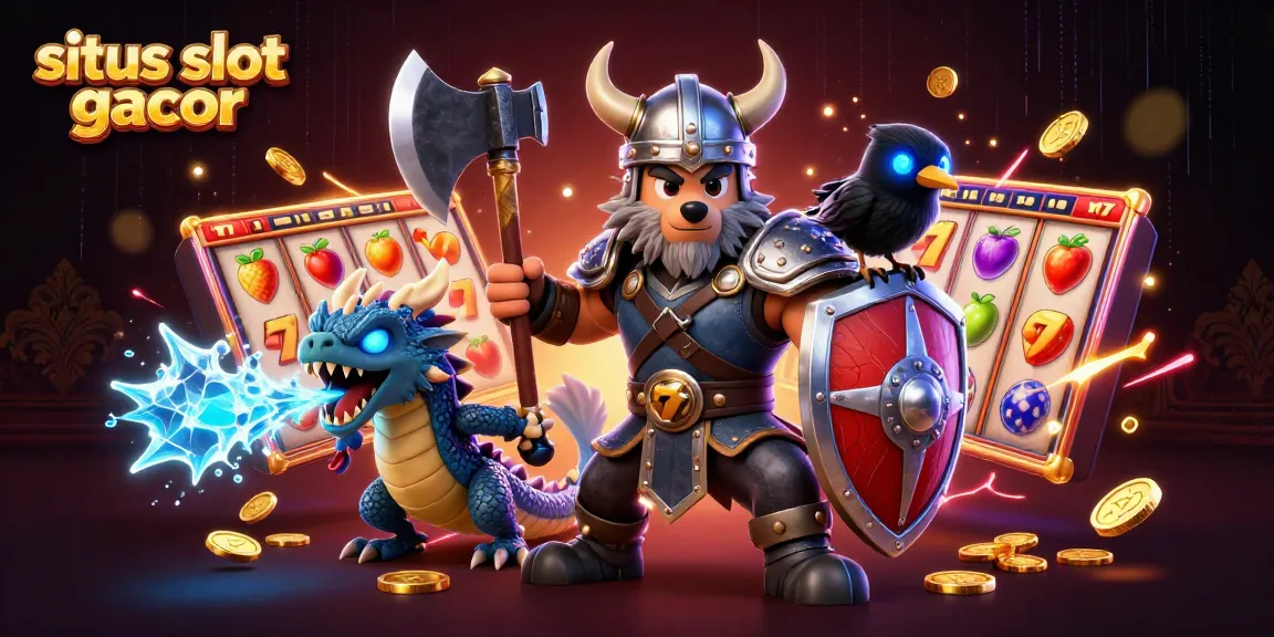 Gambarlah situs slot gacor terbaik dengan simbol buah dan jackpot yang berputar di sekitar pejuang.