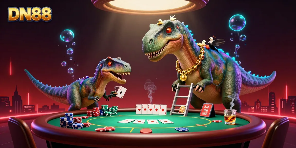 Engage with DN88's vibrant casino scene featuring a dinosaur and raptor in action, showcasing high-stakes poker.