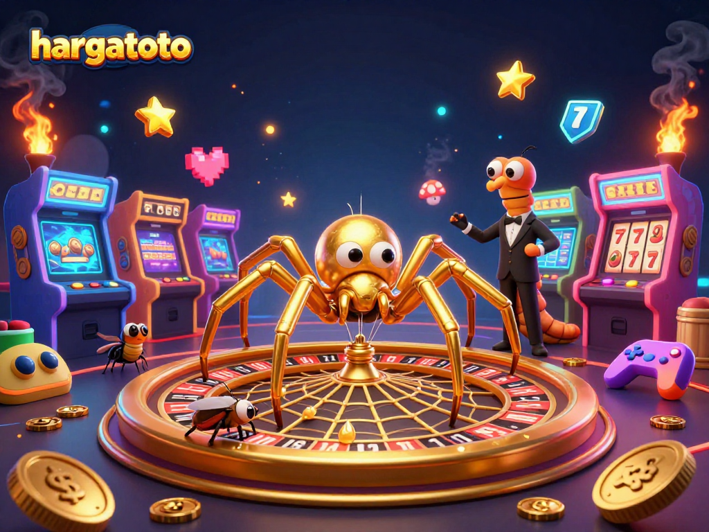 Experience excitement with hargatoto's thrilling golden slot scene featuring a spider and a fly.