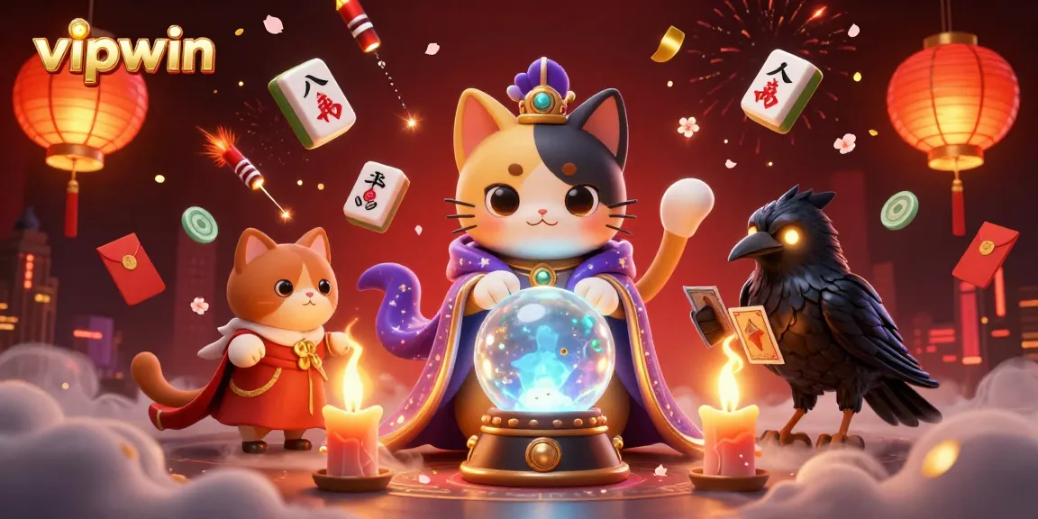 Experience the magic of vipwin with a mystical cat, raven, and vibrant casino elements in a captivating scene.