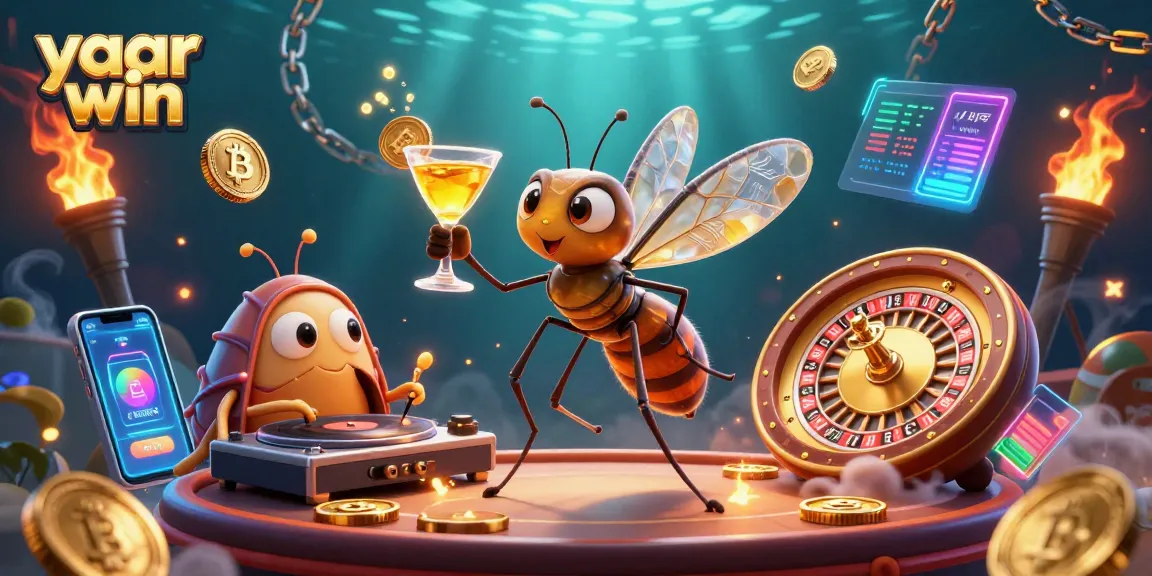 Experience yaar win excitement with a vibrant casino scene featuring unique characters and crypto elements.