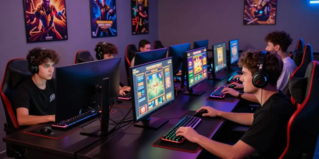 Players immersed in สล็อตเว็บตรง gaming with vibrant screens in a modern lounge