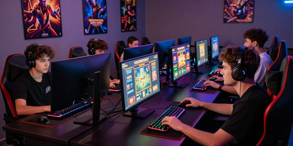 Players immersed in สล็อตเว็บตรง gaming with vibrant screens in a modern lounge