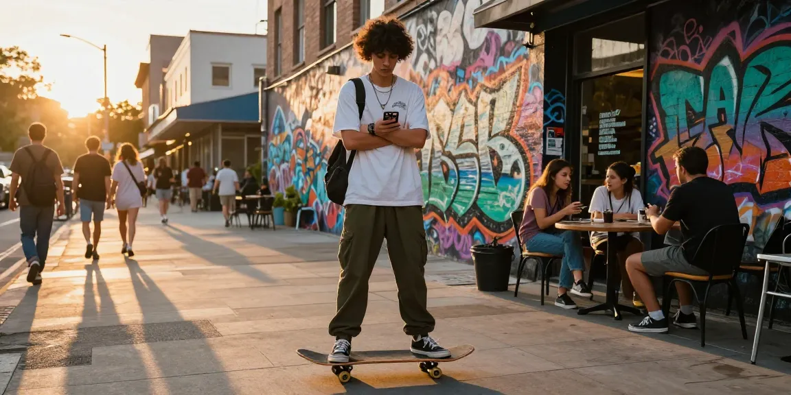 Engaging urban lifestyle scene showing an individual in trendy streetwear; click here to explore vibrant city life.
