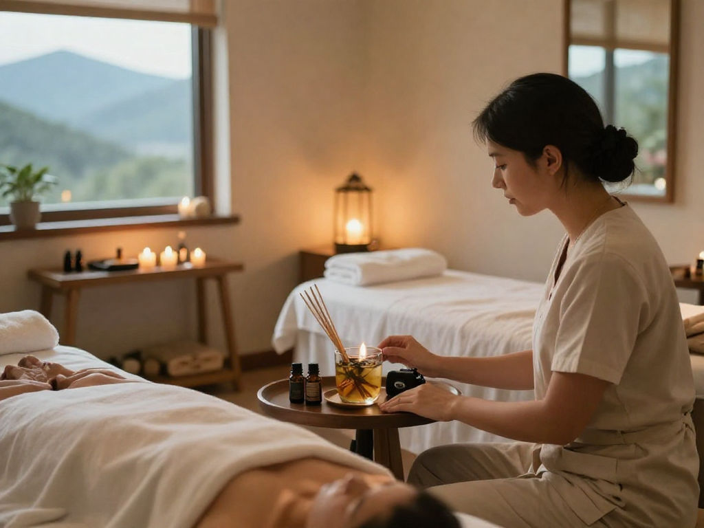 Therapist consultation in a serene massage room showcasing mantra88 wellness experience.