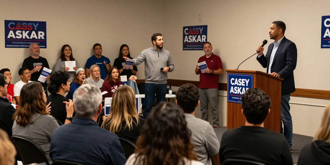Casey Askar speaking at a community town hall, engaging voters.