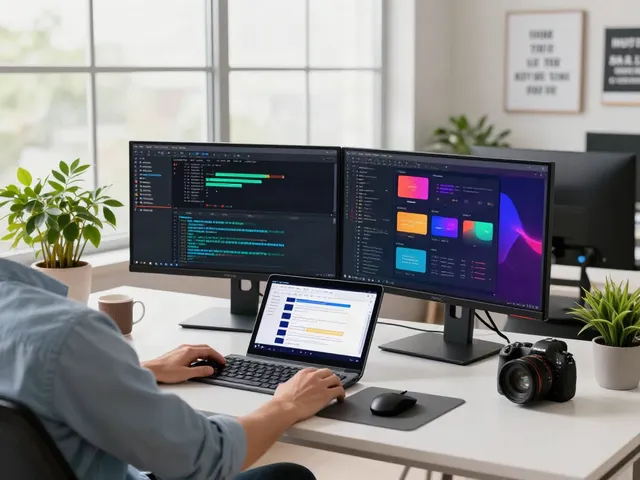 Developer bekerja di ruang kerja modern dengan layar menampilkan kode diana4d.