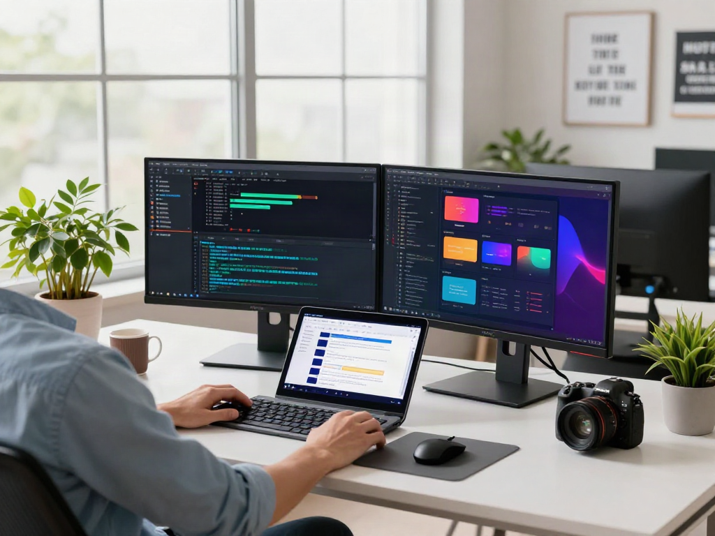 Developer bekerja di ruang kerja modern dengan layar menampilkan kode diana4d.