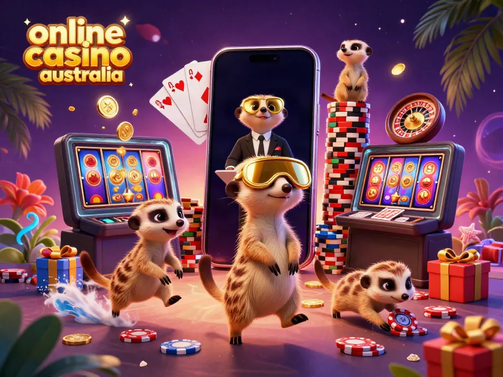 Experience the excitement of an online casino Australia with lively meerkats managing a colorful gaming scene.