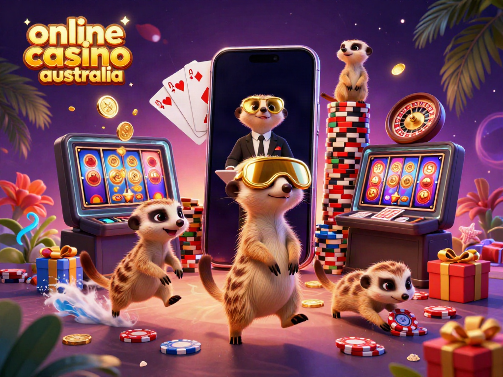 Experience the excitement of an online casino Australia with lively meerkats managing a colorful gaming scene.
