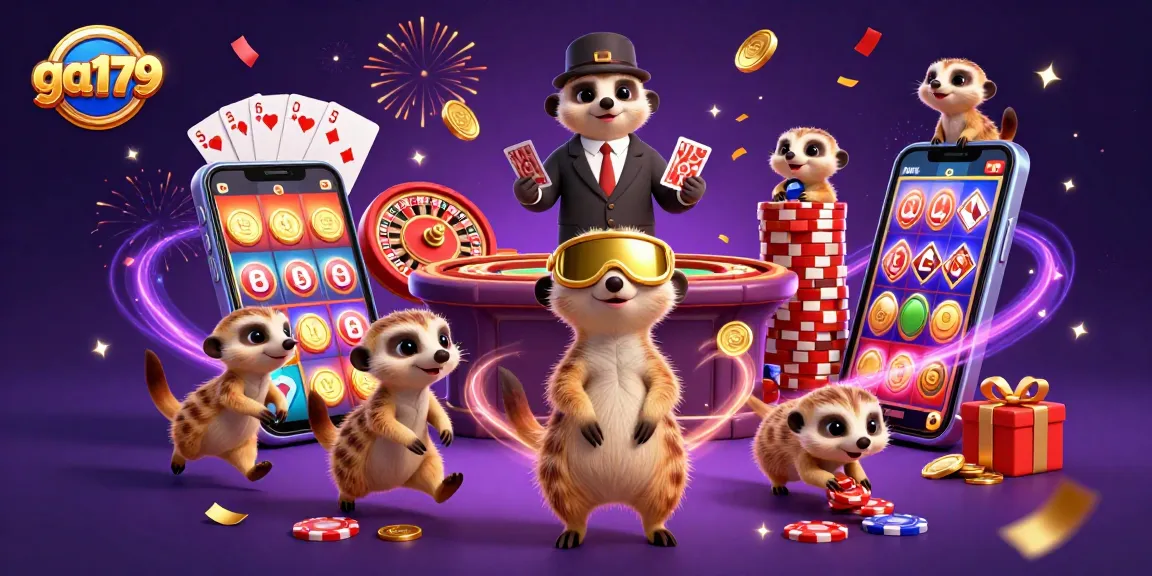 Experience the excitement of ga179's lively casino with meerkats managing games and hidden treasures.