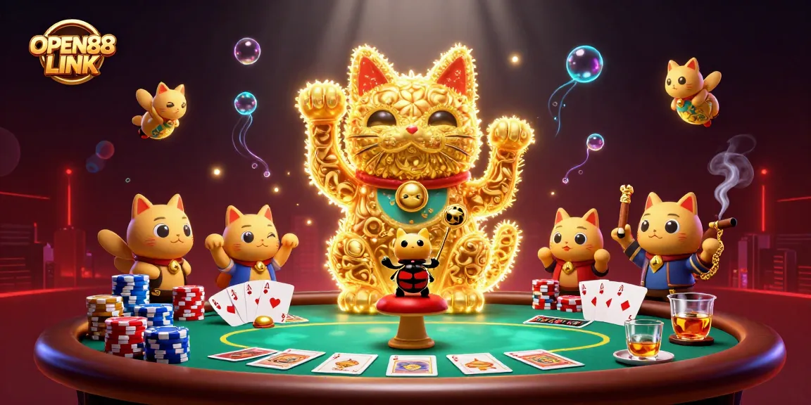 Engage with the OPEN88 LINK, featuring a dynamic 3D lucky cat and poker scene.