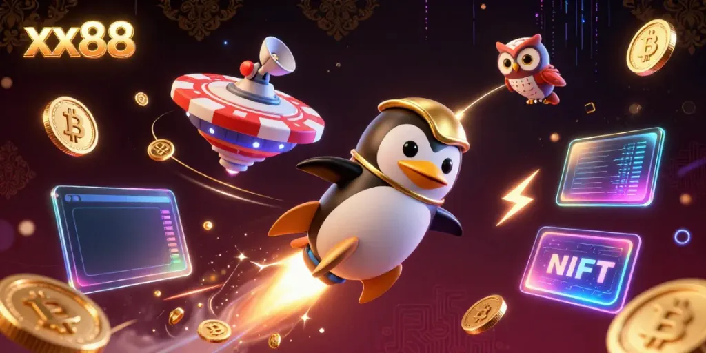 Experience the thrill of xx88 with a golden penguin racing to a casino space station, surrounded by vibrant crypto elements.