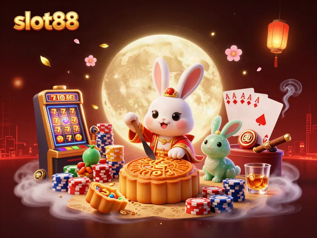 Engage with slot88 featuring a moon rabbit creating vibrant slot symbols and casino elements.