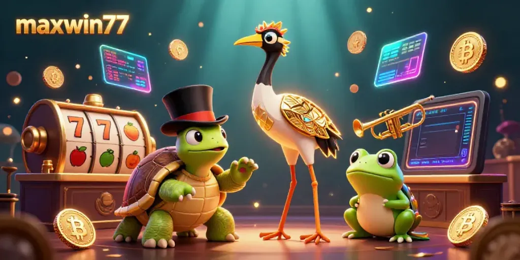 Engage with maxwin77 in an exciting online casino scene featuring vibrant characters and slot elements.
