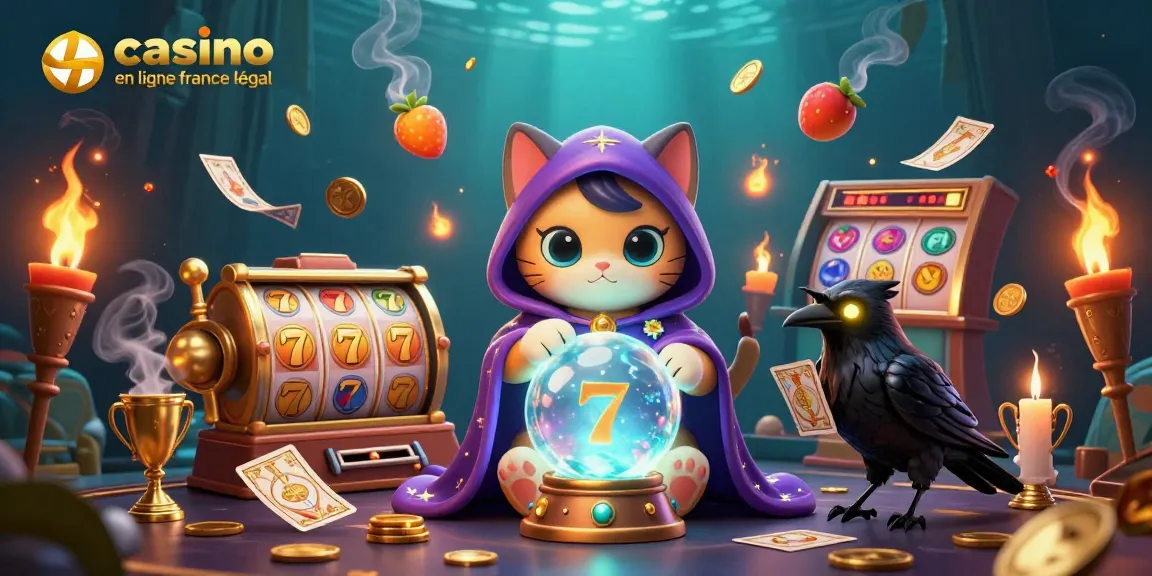 Illustration dynamique de casino en ligne France légal avec un chat mystique et des éléments de jeux.