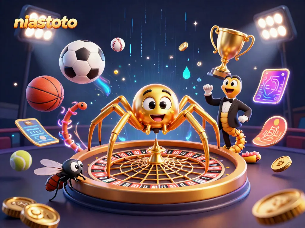 NIASTOTO: Animated golden spider croupier spinning a roulette web, fly placing bets, sports elements flying.