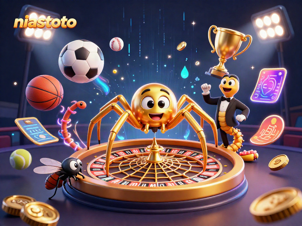 NIASTOTO: Animated golden spider croupier spinning a roulette web, fly placing bets, sports elements flying.