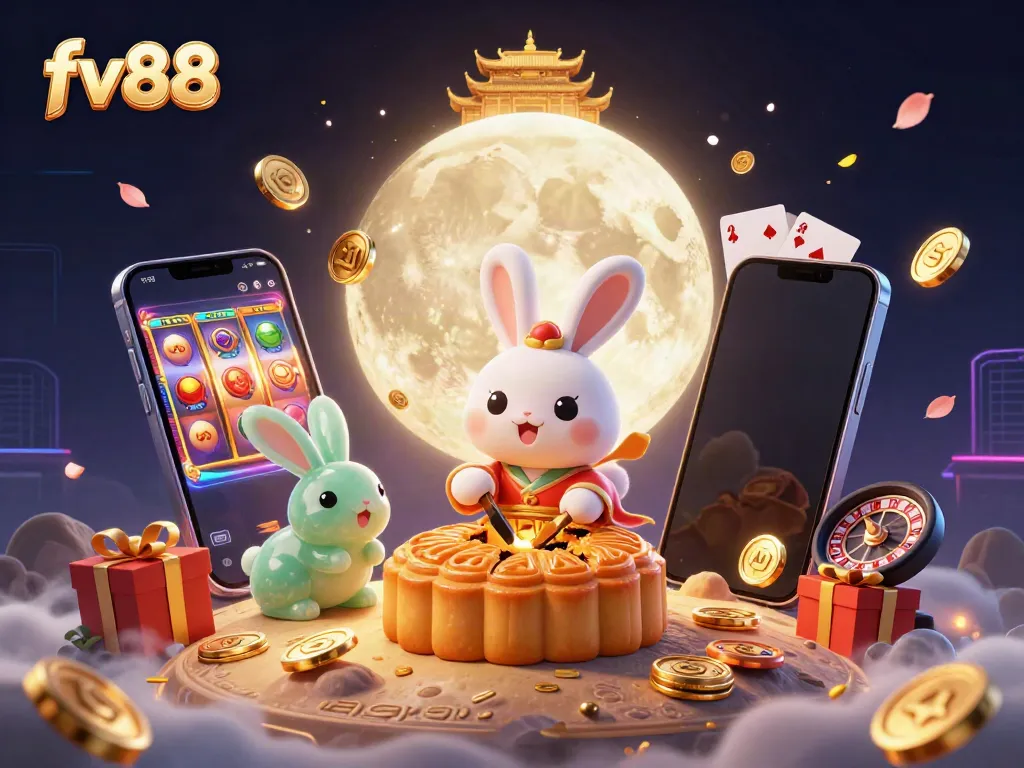 Experience fv88 through an enchanting moonlit rabbit scene featuring poker chips and dynamic gaming elements.