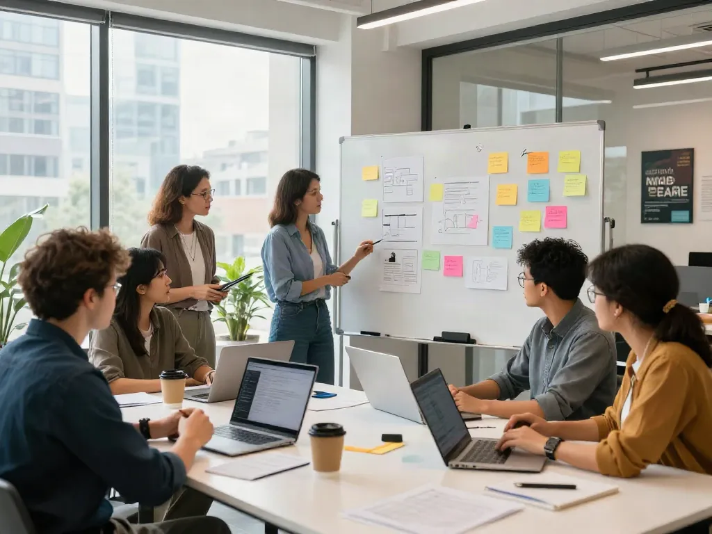 Diverse team in a modern workspace talks about it over brainstorming session.