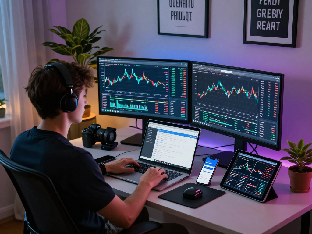 Dynamic cryptocurrency trading scene with mantra88 charts and analysis in modern office setting.
