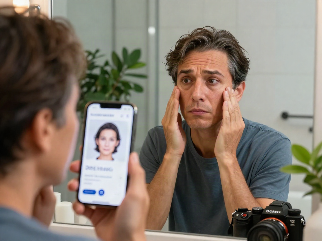 Curious individual assessing how old do I look using a facial age app in a modern bathroom.