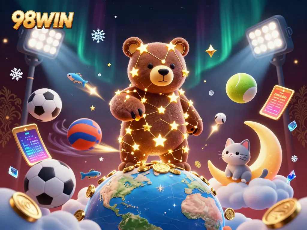 Win big with 98WIN as a constellation bear scoops up gold coins in a vibrant casino scene.