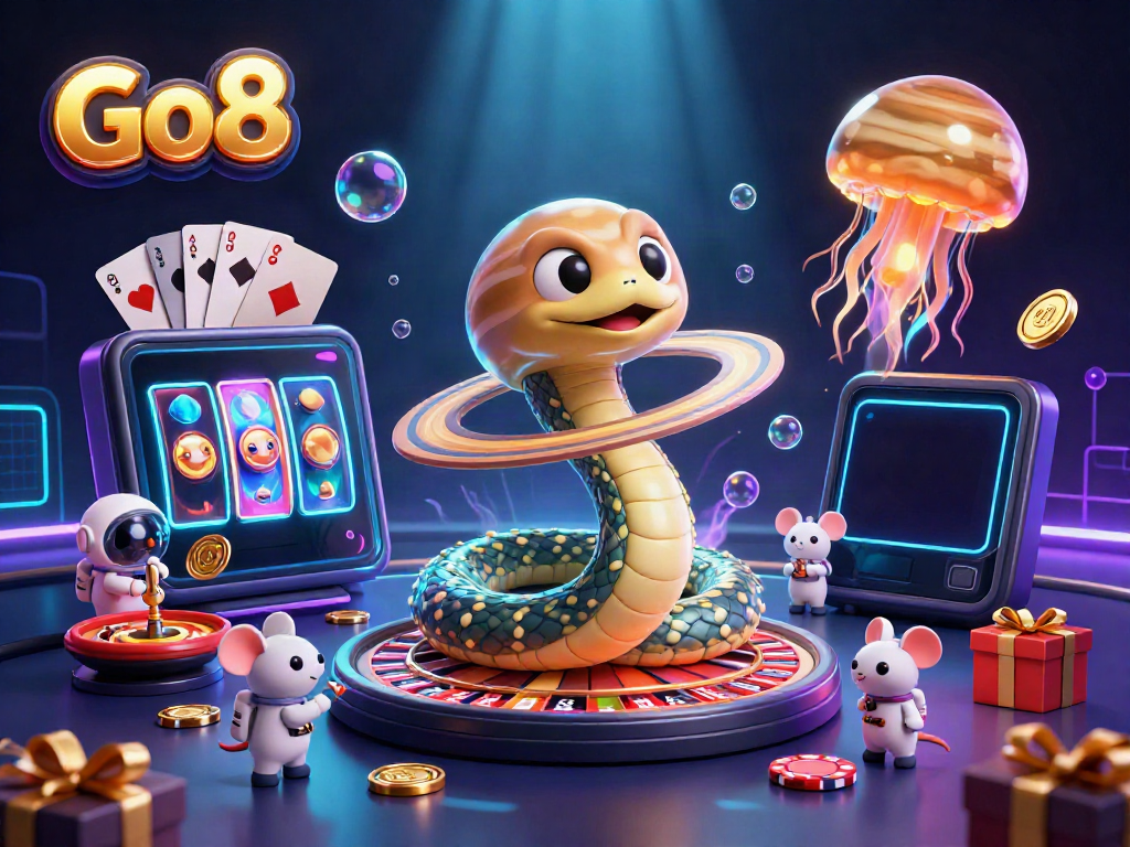 Join the fun at Go8 with tiny astronaut mice betting on a casino-themed Saturn roulette wheel.