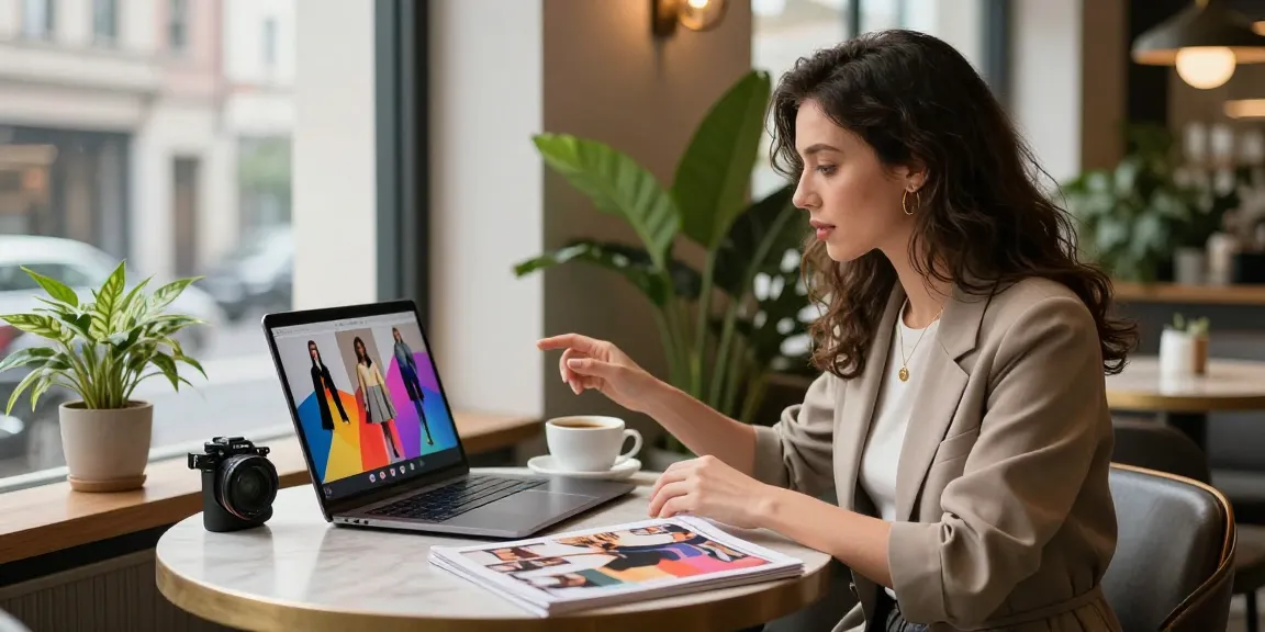Consulenza d'immagine Milano in un caffè urbano, donna elegante impegnata nella consulenza virtuale.