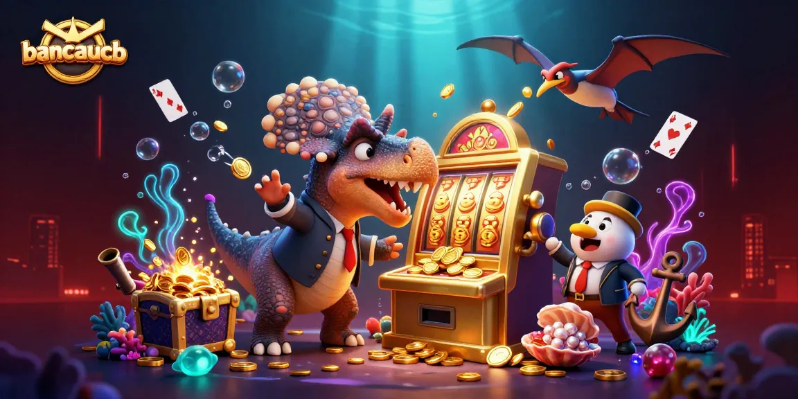 bancaucb players enjoy jackpot wins with a pachycephalosaurus at a slot machine in a vibrant casino setting.