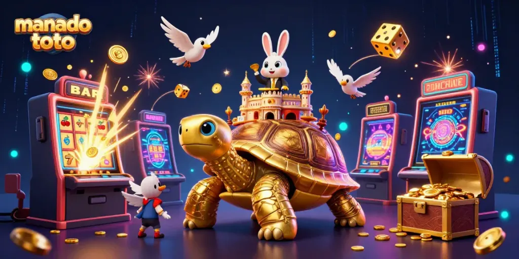 Experience manado toto with vibrant casino action surrounding a golden tortoise and rabbit dealer.