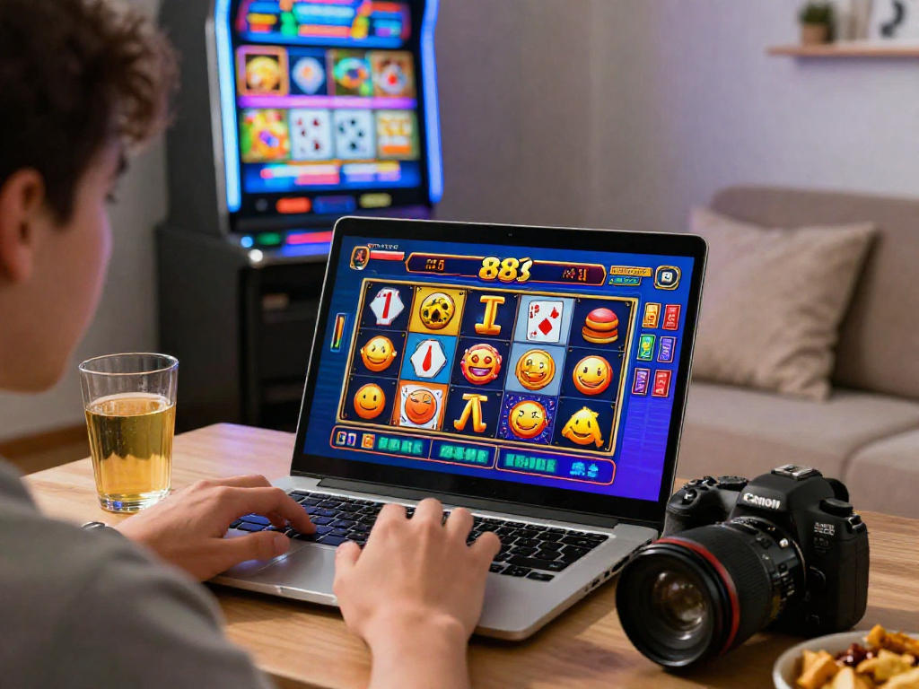Pengguna menikmati permainan slot88 dengan grafis yang cerah di laptop, menciptakan suasana nyaman dan menarik.