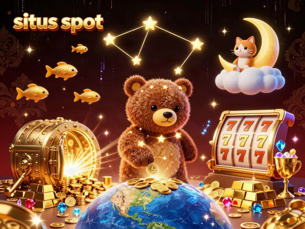 Win big with situs slot games as a constellation bear scoops coins amidst jackpot elements.