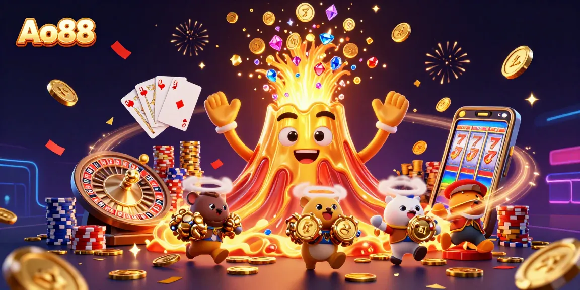Engage in the thrilling action at Ao88 with a dynamic scene of a golden volcano and treasure-seeking animals.