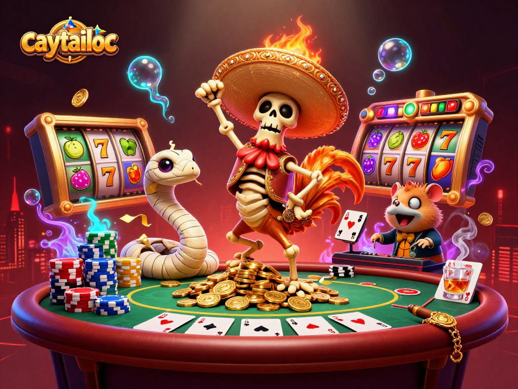 Experience jackpot excitement with caytailoc in this vibrant 3D casino scene featuring dynamic characters.