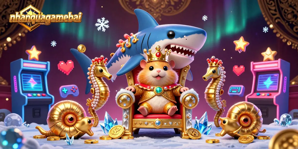 Play Callbreak at nhanquagamebai, featuring a golden hamster king and seahorse guards in a treasure-filled casino world.
